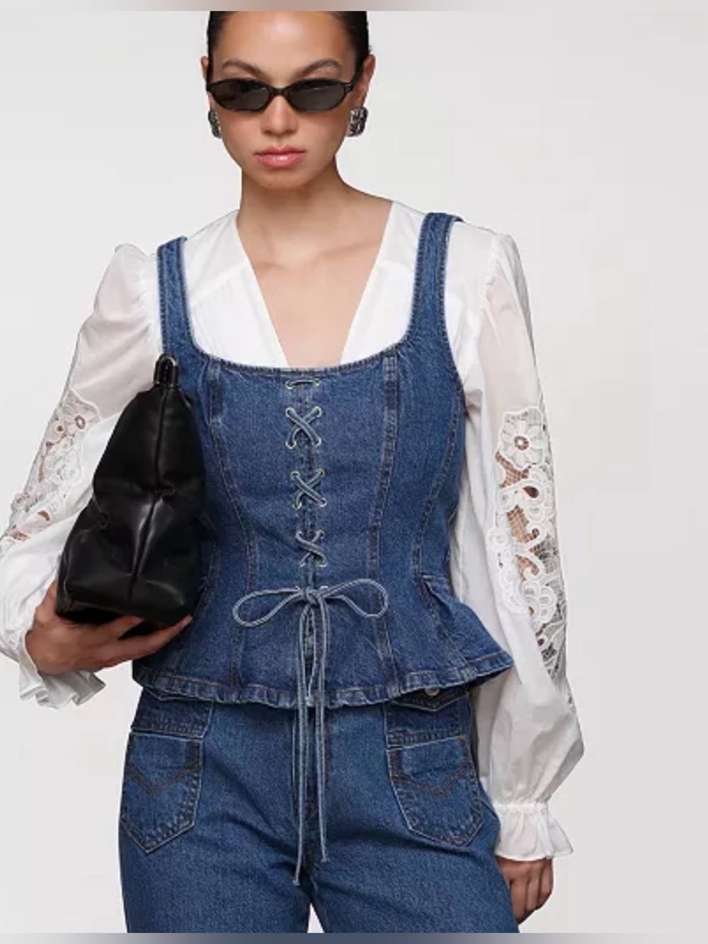 Avec Les Filles Denim Lace-Up Peplum Top - Denim Blue - Picture 6 of 8